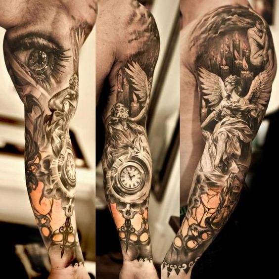 Tatuaje griego de angeles en brazo y antebrazo